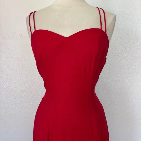 Vintage Solid  Red Sleeveless Full Length Strappy Rhinestone Formal Dress - Picture 5 of 11
